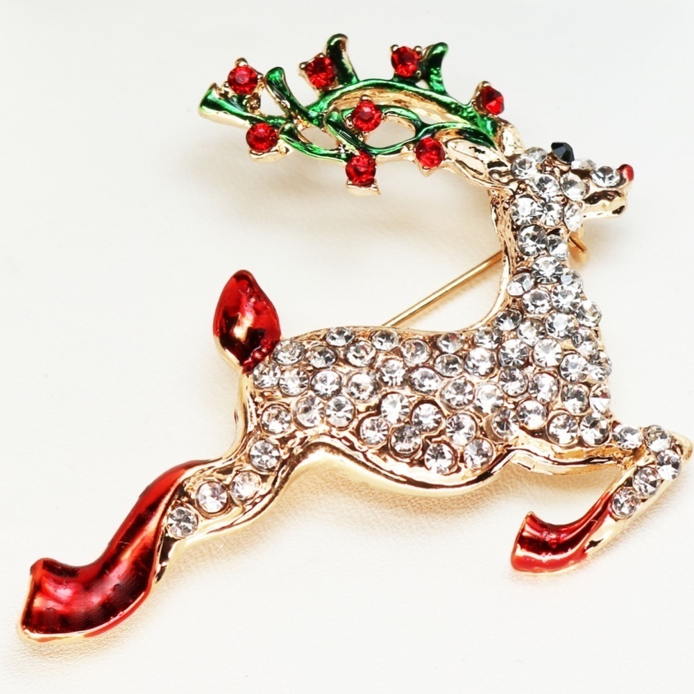 Rudolph the Red-Nosed Reindeer Brooch Cubic Zirconia Encrusted Holiday Pin 🦌 - Picture 10 of 12